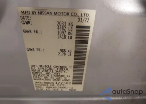 2022 Nissan Altima Sv Intelligent Awd z USA, uszkodzony, nr VIN 1N4BL4DWXNN327382